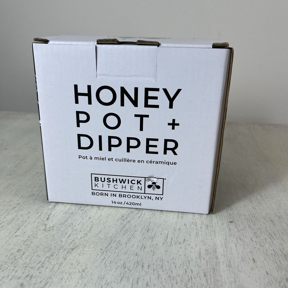 Honey Pot & Dipper White Ceramic Jar Wood Dipper Bushwick Kitchen Honey‎ Storage - Picture 7 of 8